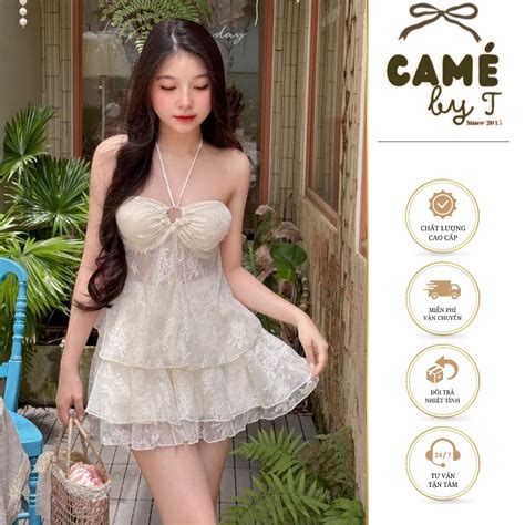 Set váy đi biển cúp ngực kèm chân váy xoè set áo ren kèm chân váy bikini đi biển cho nữ Camé