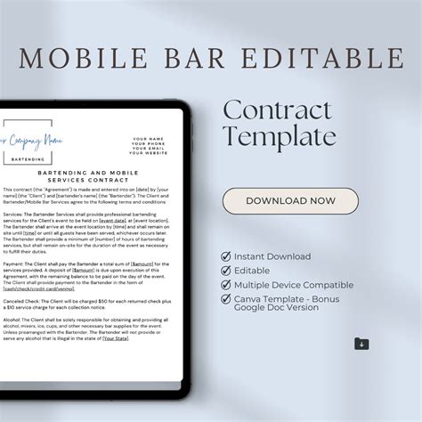 Bartender Mobile Bar Event Contract Template For Weddings And Event