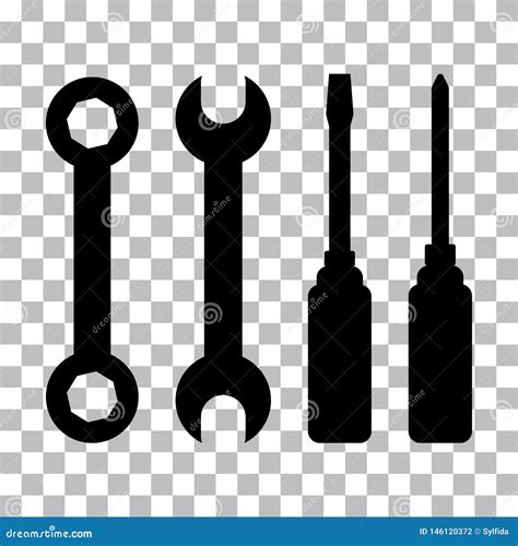 Black And White Set Of Tools Wrench Screwdriver Vector Illustration