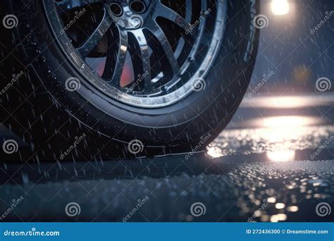 Driving On A Slippery Rainy Road Background With Vehicle Tire Close Up