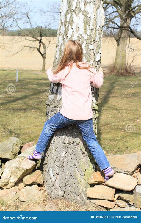 Niño Muchacha Que Rodea Un Tronco Foto de archivo Imagen de roca