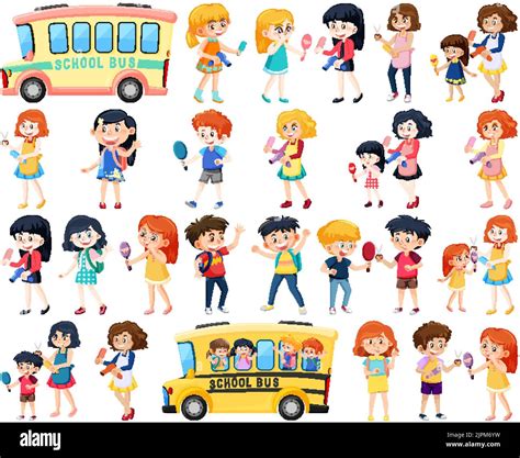 Set Of Cute School Kids Cartoon Characters Illustration Stock Vector