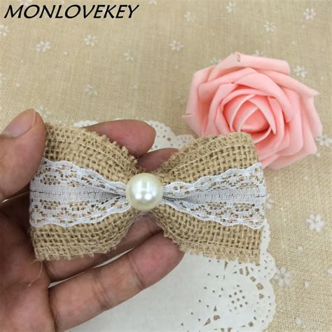 20pcs Natural Jute Burlap Hessian Bowknot Handmade Pearl Bow White Trim