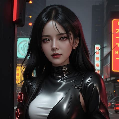 Personnage De Fille Cyberpunk Portant Une Veste En Cuir Avec Fond Denseigne Au Néon Photo Premium