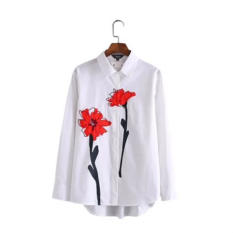 Women Sweet Red Floral Print White Shirts Loose Blouse Long Sleeve Turn