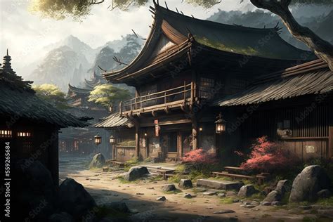 Fantasy Japanese Village Background, Concept Art, Digital Illustration ...