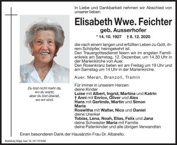 Traueranzeigen Von Elisabeth Feichter Trauer Bz