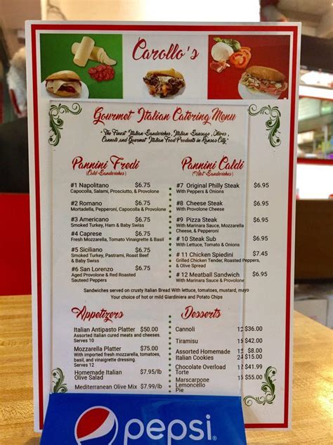 Menu at Carollo's Grocery & Deli restaurant, Kansas City