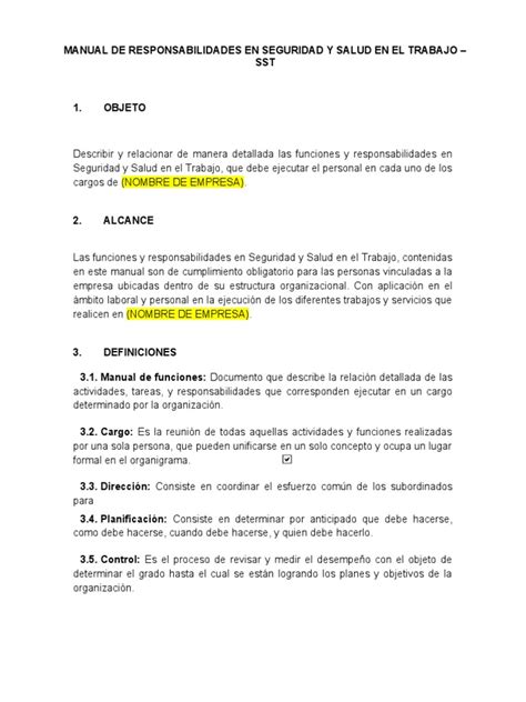 Manual De Responsabilidades En Seguridad Y Salud En El Trabajo Pdf Planificación