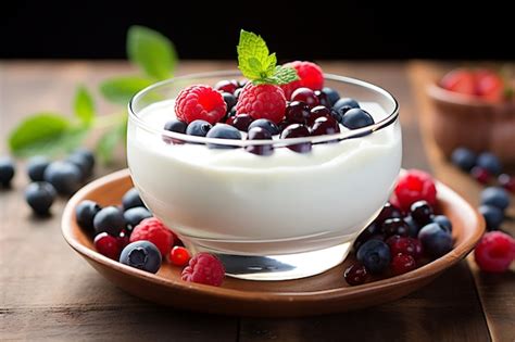 Premium Ai Image Homemade Greek Yogurt With Berries On Wooden Background