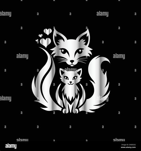 Cute Fox And Cat With Heart On Black Background Vector Illustration