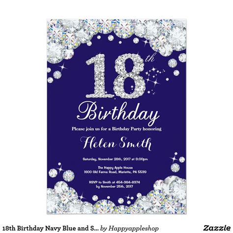 18th Birthday Navy Blue And Silver Diamond Invitation Zazzle