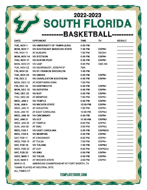 Printable 2022-2023 South Florida Bulls Basketball Schedule