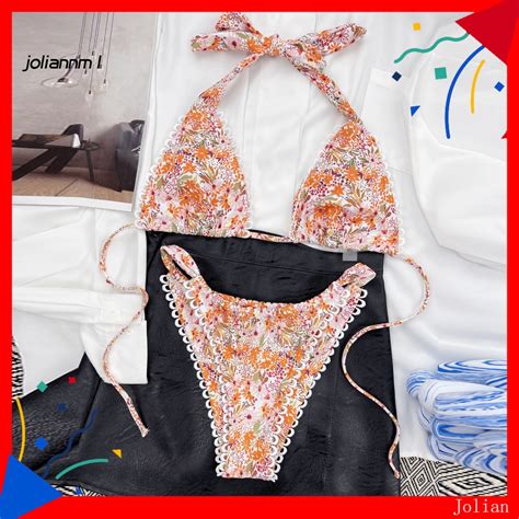 Jm Bikini Set Padded Lace Hem Nylon Floral Print Women Swimsuit For