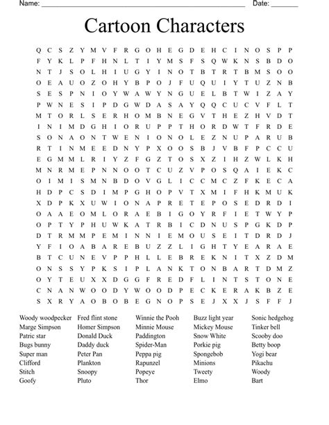 Cartoon Characters Word Search Themelower