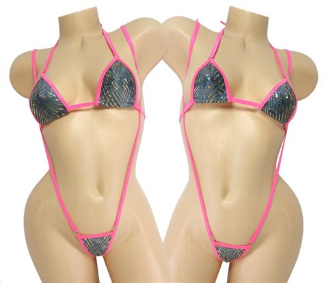 Slingshot Bikini Choice Of Top Pewter With Gold Metallic Dots Trimmed