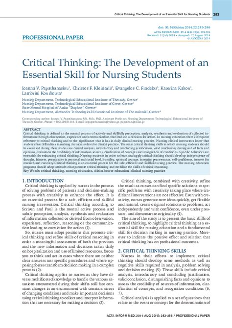 Critical Thinking The Development Of An Essential Skill For Nursing