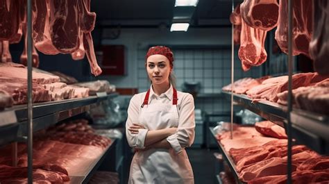 Premium Photo Woman Butcher Is Standing Indoors Between Meat