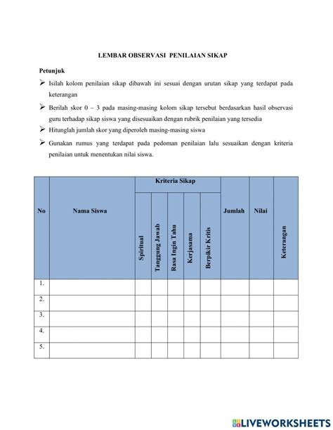 Lembar Observasi Penilaian Sikap Worksheet Live Worksheets