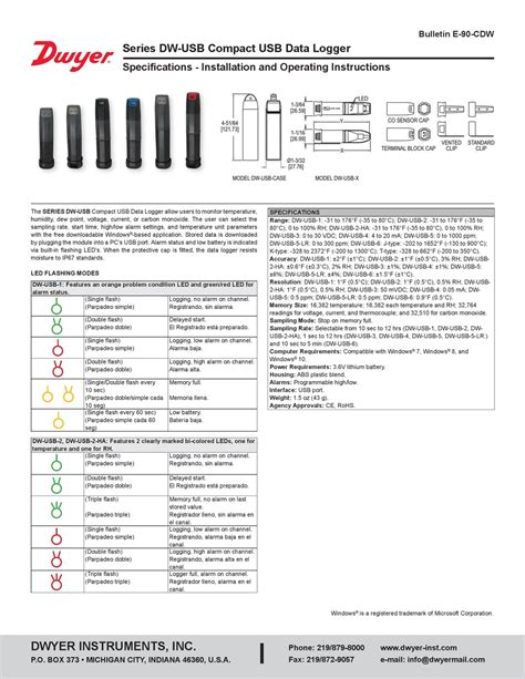 Dwyer Instruments Dw Usb Series Data Logger Installation And Operating