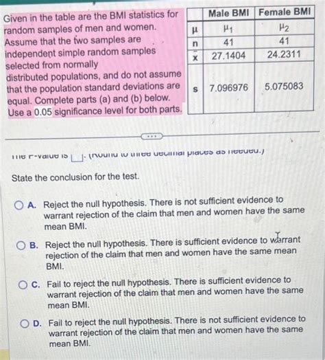 Solved Given In The Table Are The BMI Statistics For Random Chegg