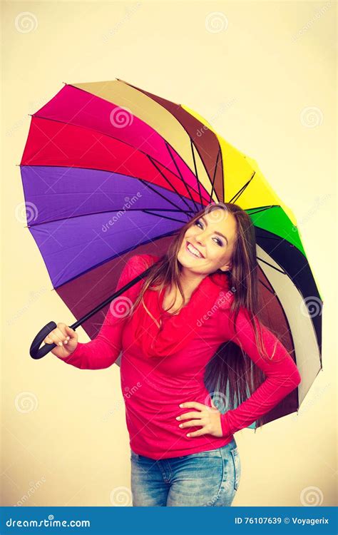 Woman Standing Under Multicolored Umbrella Stock Image Image Of