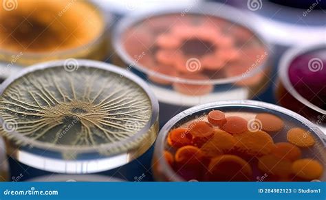 Mixed Of Bacteria Colonies In Various Petri Dish Growing Cultures Of