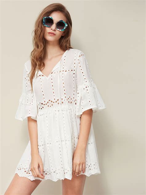 Tie Neck Fluted Sleeve Eyelet Embroidered Smock Dress SheIn Sheinside