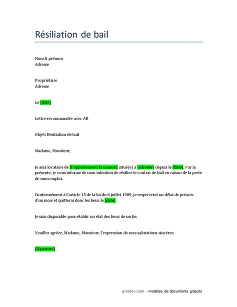 Résiliation de bail suite à la perte dun emploi DOC PDF page 1 sur 1