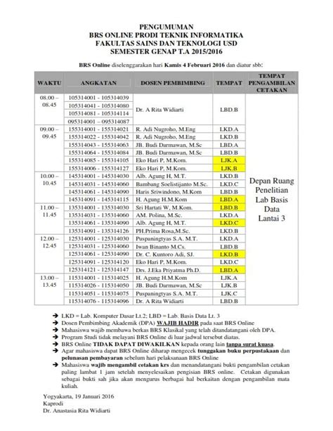 F Sains Dan Teknologi USD REVISI JADWAL BRS KLASIKAL DAN BRS