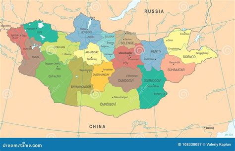 Mongolia Detailed Map Highlighted On Blue Rounded World Map Cartoon