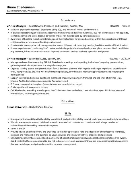 VP Risk Manager Resume Samples Velvet Jobs