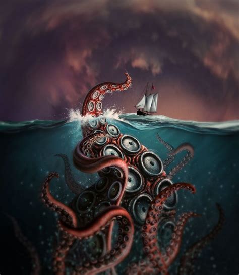 An Octopus In The Ocean With A Sailboat On It S Back And Its Tentacles