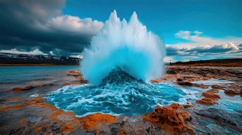 Dramatic Eruption Of Strokkur Geyser In Iceland Premium AI Generated