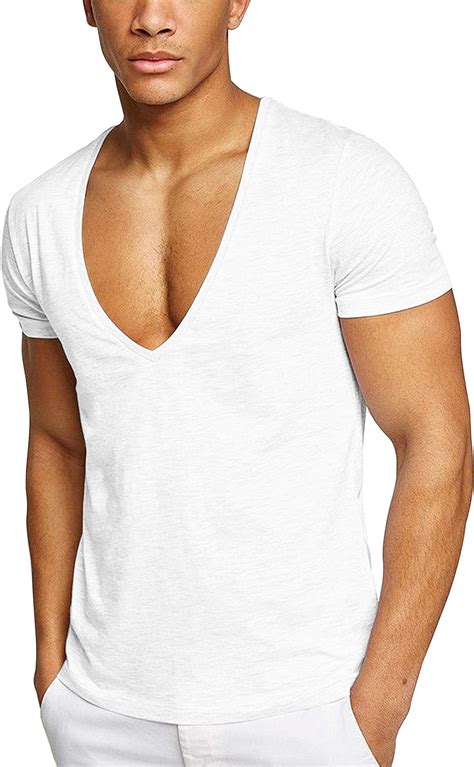 Herren T Shirt mit tiefem V Ausschnitt Muscle Fit Weiß Klein