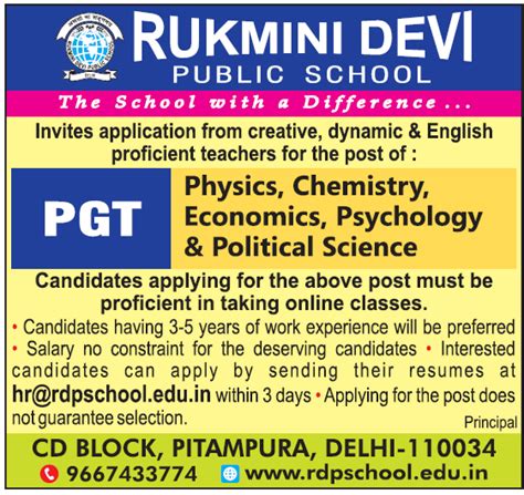 Rukmini Devi Public School, Delhi Wanted PGT teachers | FacultyPlus