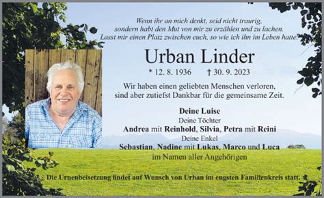 Traueranzeigen Von Urban Linder Augsburger Allgemeine Zeitung