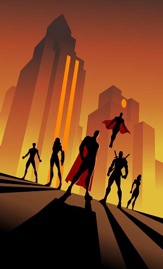 Vector Retro Art Deco Superhero Team Silhouette In The City At Night