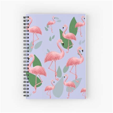 Pink Flamingos And Green Leaves On A Blue Background Spiral Notebook