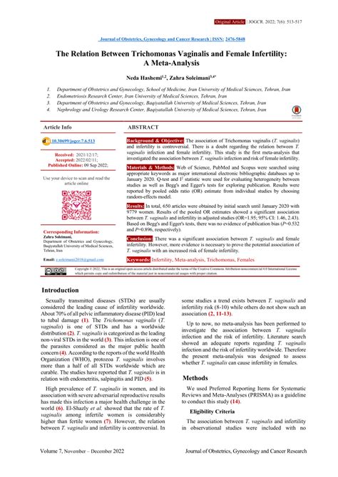 Pdf The Relation Between Trichomonas Vaginalis And Female Infertility A Meta Analysis