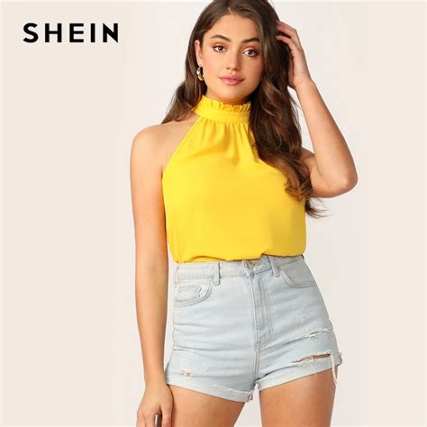 Shein Bright Yellow Frilled Halterneck Buttoned Keyhole Back Sleeveless