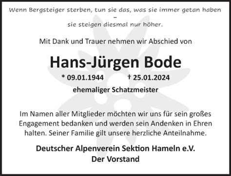 Traueranzeigen Von Hans J Rgen Bode Trauerportal Ihrer Tageszeitung