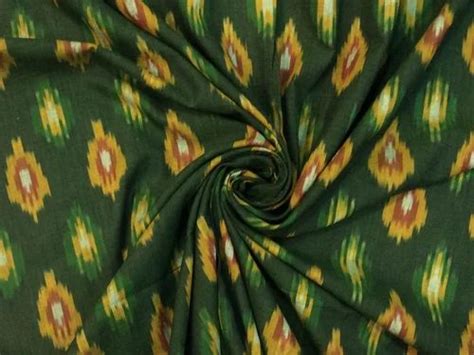 Dark Green Yellow Abstract Handloom Cotton Ikat Fabric At Rs