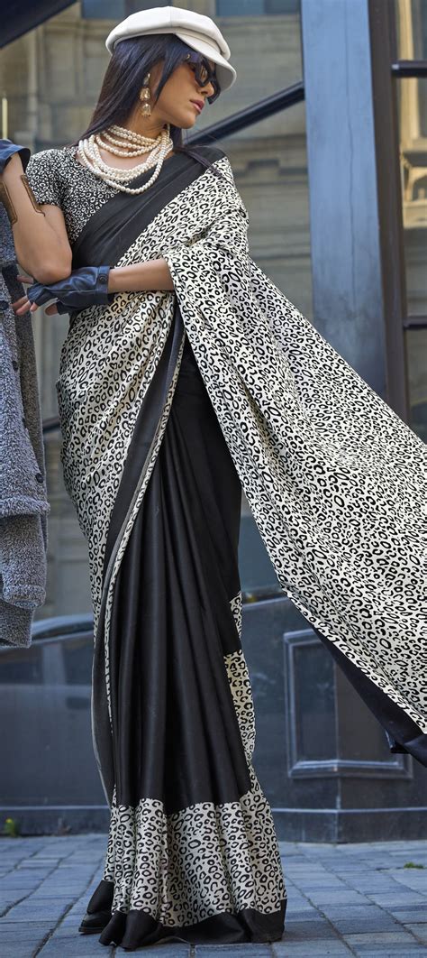 Party Wear Traditional Black And Grey Color Satin Silk Fabric Saree 1944539