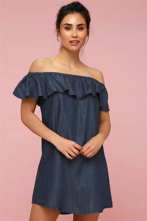 Off The Shoulder Dress Dark Blue Chambray Dress Lulus