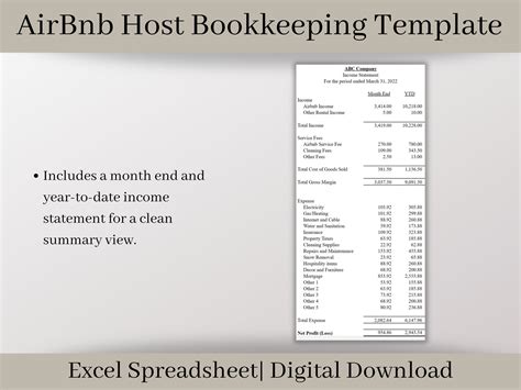 Airbnb Rental Income Statement Excel Template Spreadsheet Track