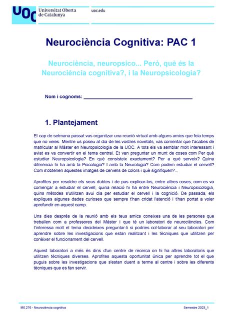 Enunciados PAC 1 Neurociencia Cognitiva Neurociència Cognitiva PAC 1