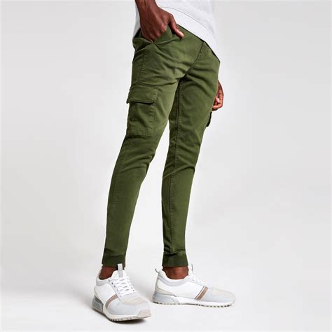 River Island Cotton Khaki Super Skinny Cargo Trousers In Green For Men