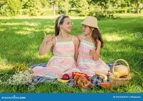 Little Girls Friends Having Summer Picnic with Healthy Food, Vacation Time Stock Image - Image ...