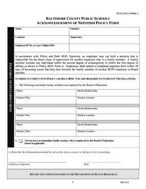 Fillable Online Bcps Acknowledgement Of Nepotism Policy Form